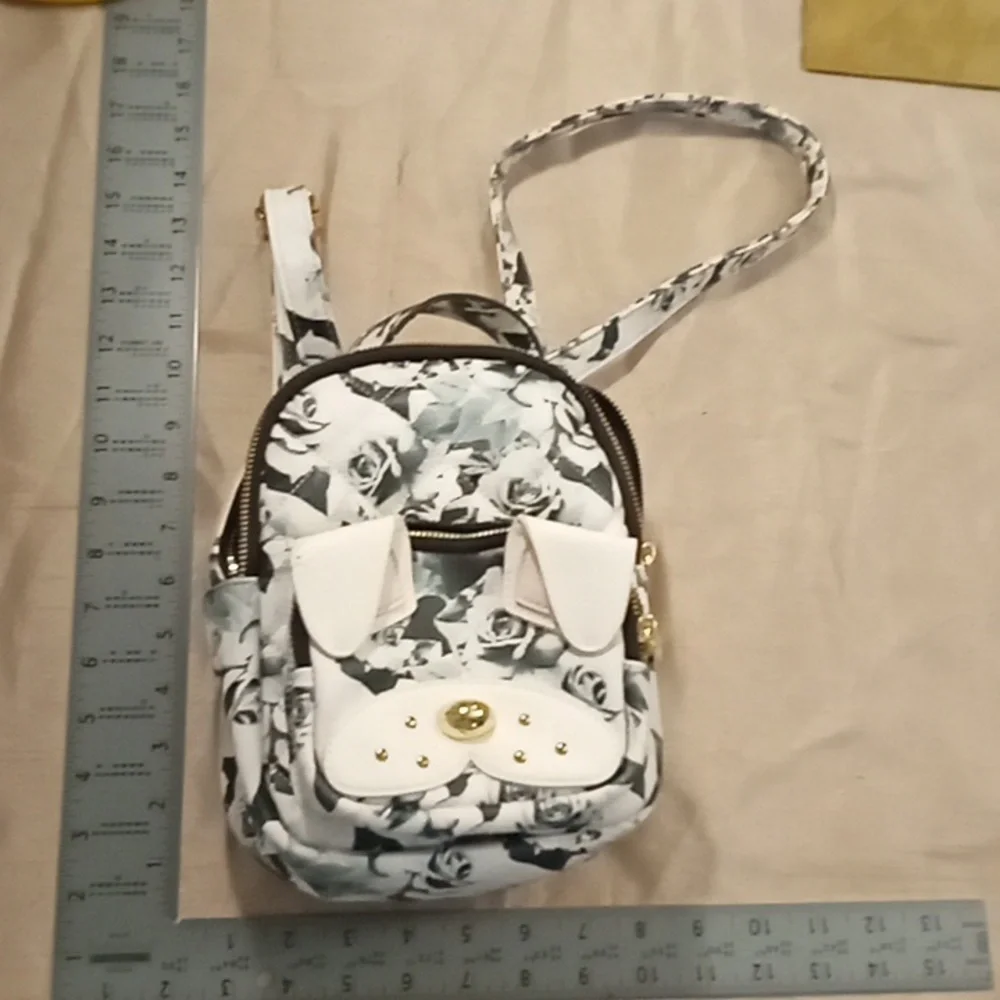 Betsey Johnson Floral Black and White Puppy Shaped Backpack EUC